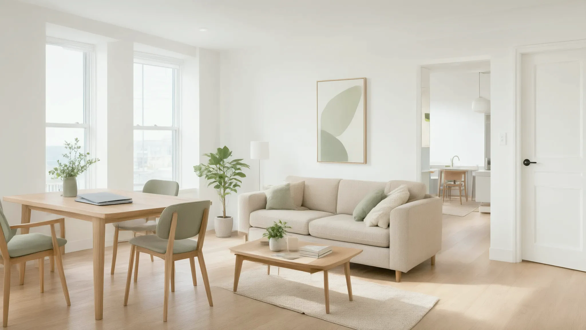 AI illustration: Bright, tidy apartment with a shared dining and work table.
