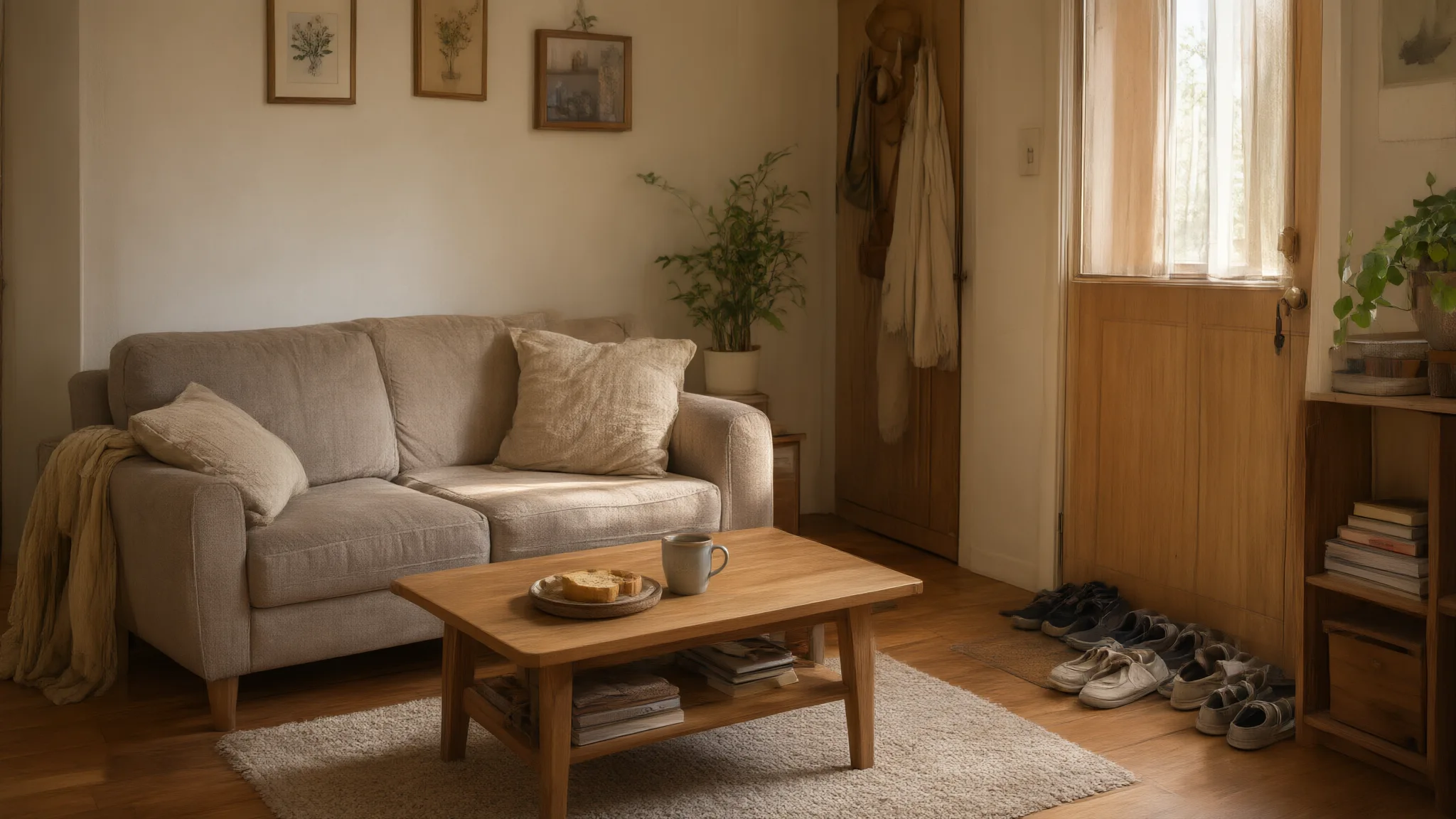 AI illustration: Small living room with a clear floor around the furniture.