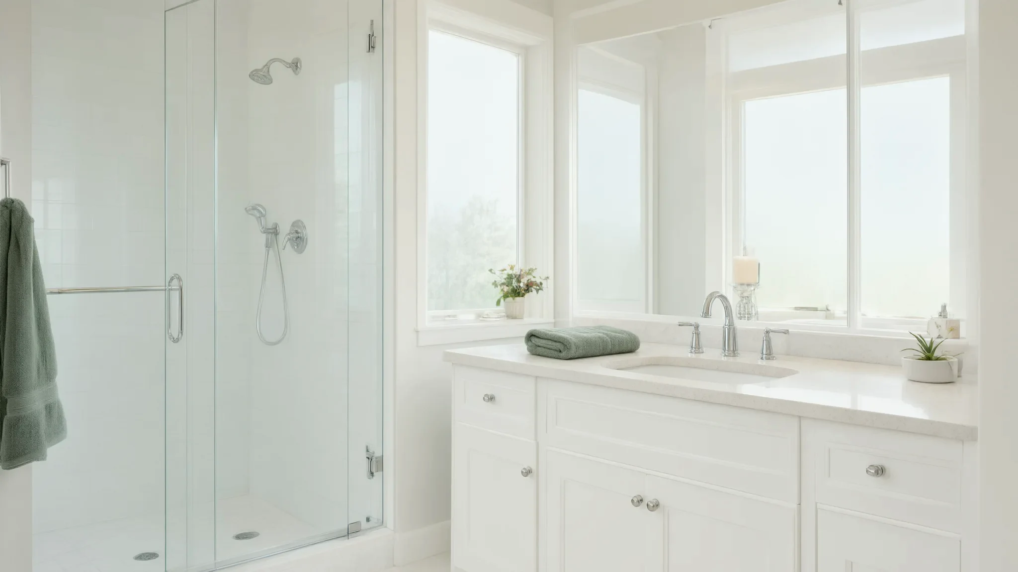 AI illustration: Bright bathroom with clear shower glass and a tidy white vanity.