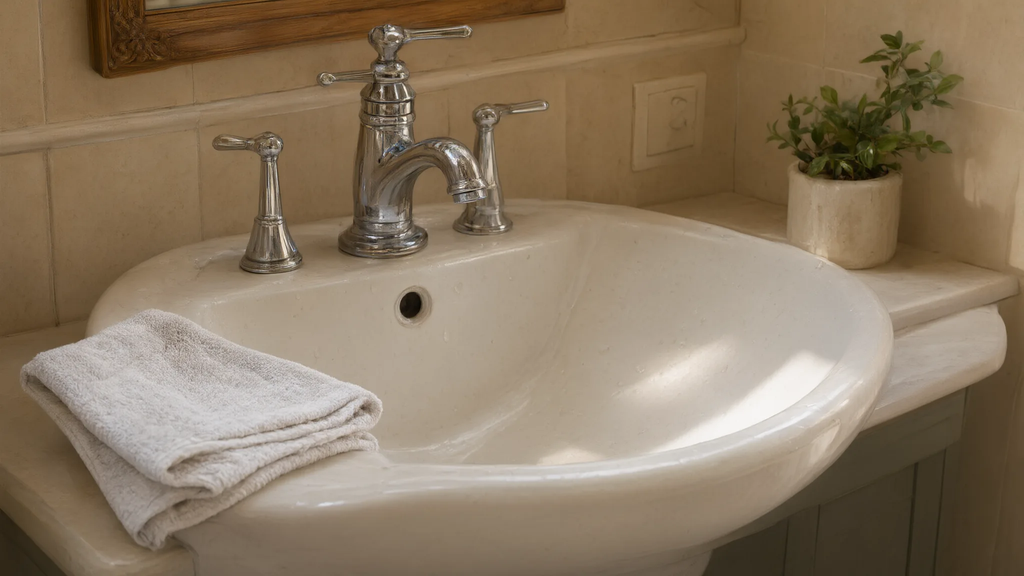 AI illustration: Sink and faucet with a folded cleaning cloth.