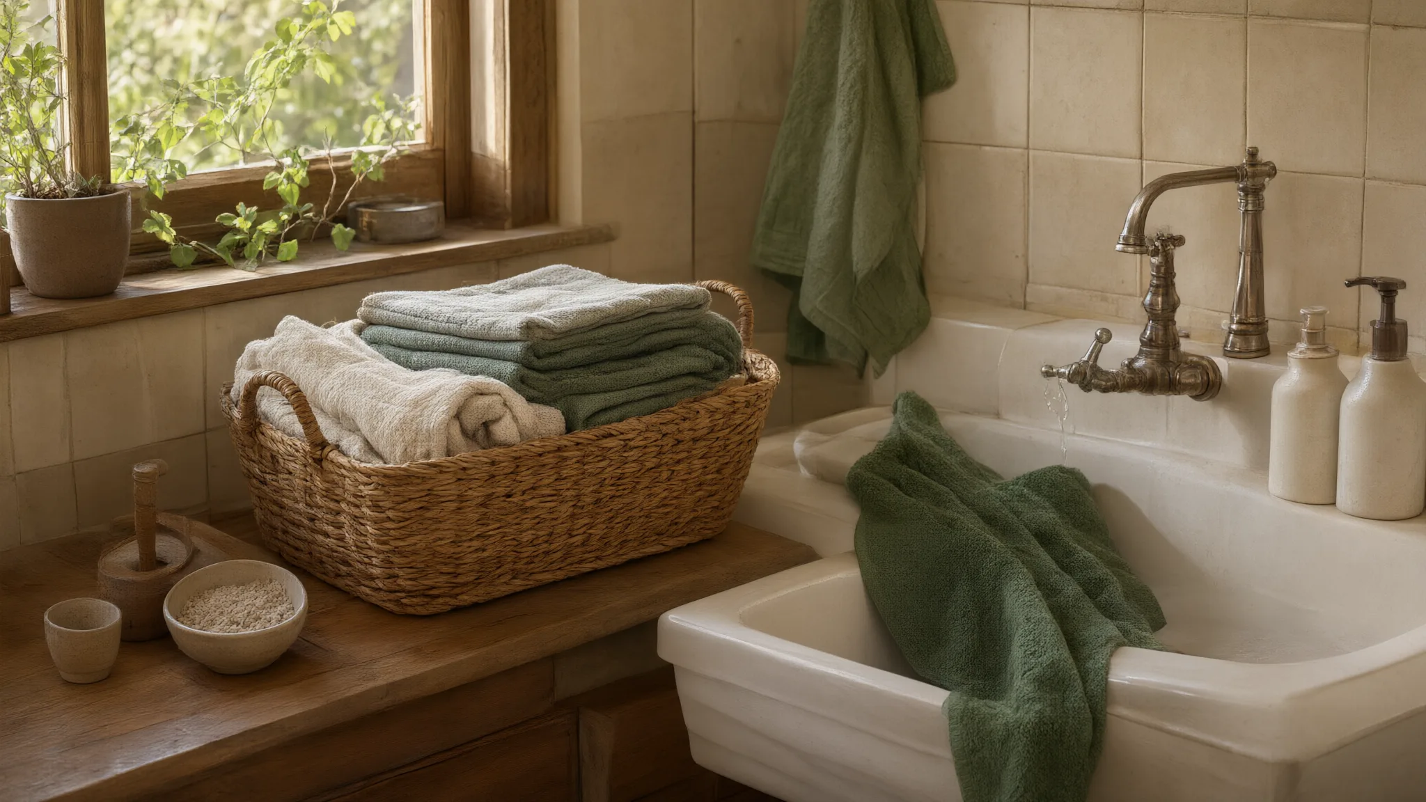 AI illustration: Basket of cloths beside a bathroom sink.