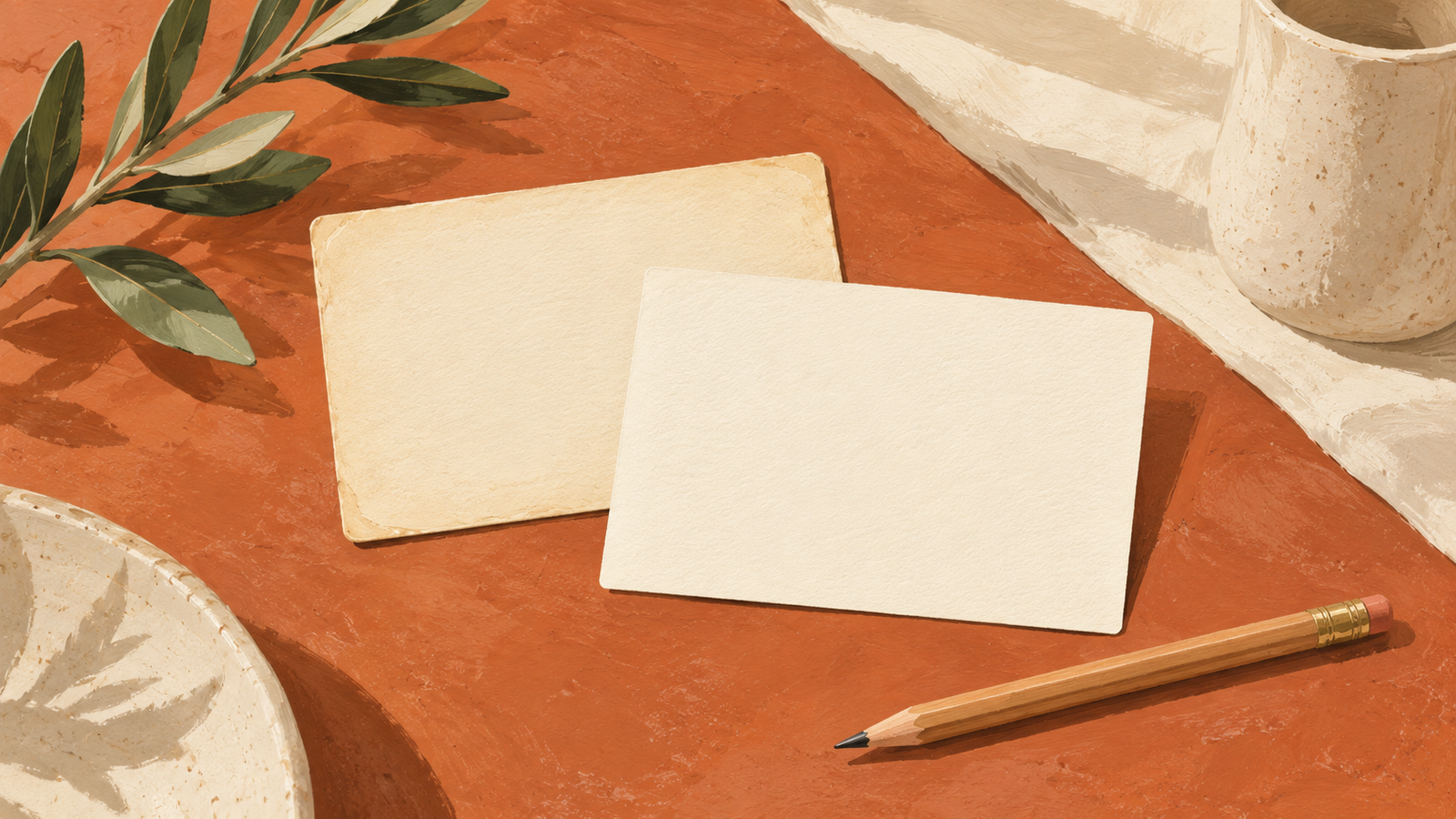 Illustration of two blank cream appointment cards and a pencil on a terracotta tabletop beside a leafy branch and ceramic cup.