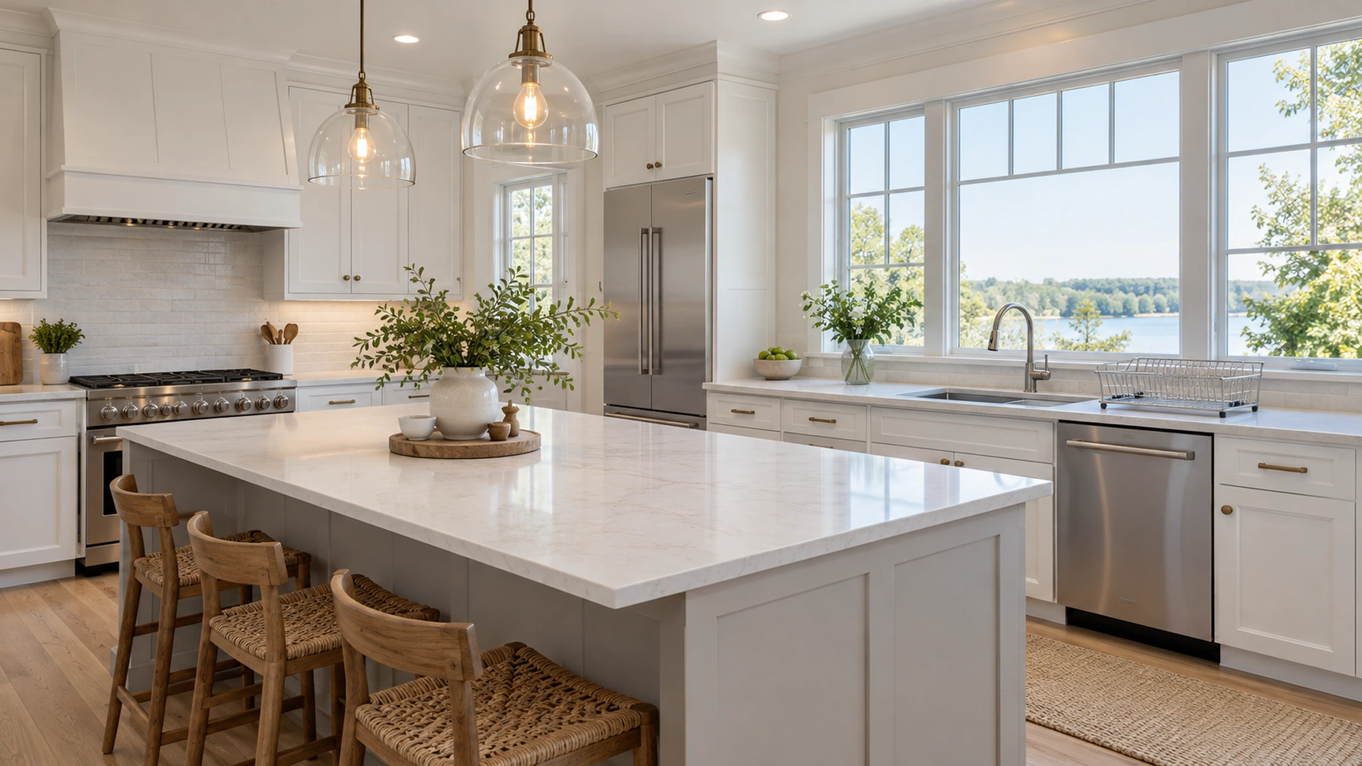 Illustrative sunlit kitchen with an empty dish rack beside a clear sink counter.