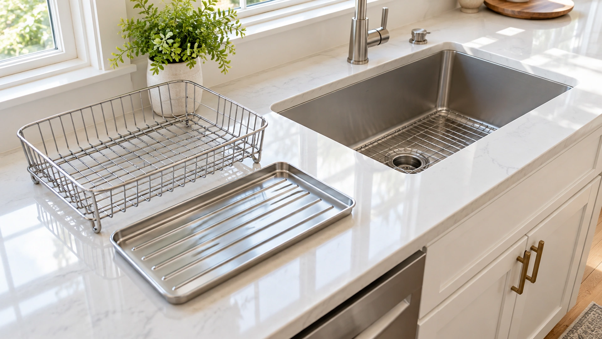 Illustrative clean counter with a drying rack and drip tray set aside.
