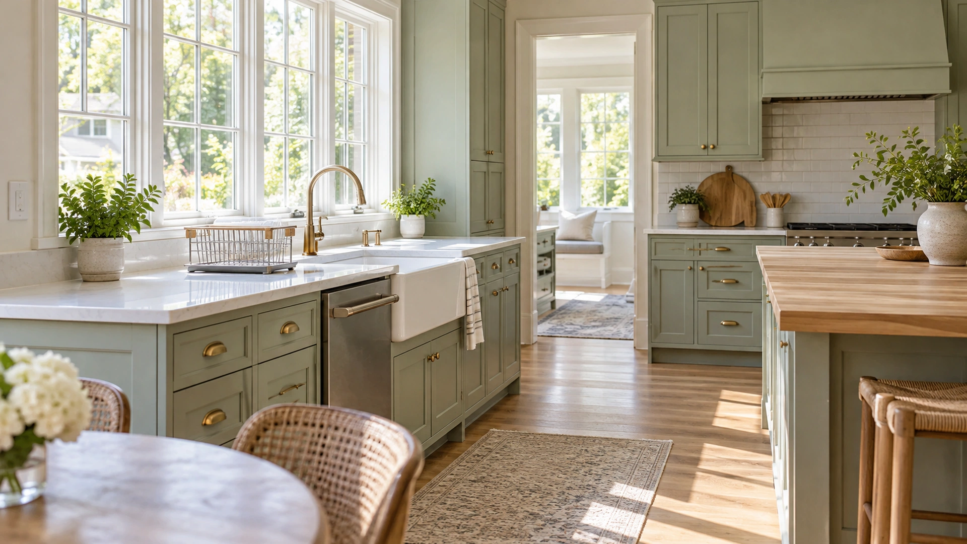 Illustrative sage kitchen with a dish rack arranged beside the sink.