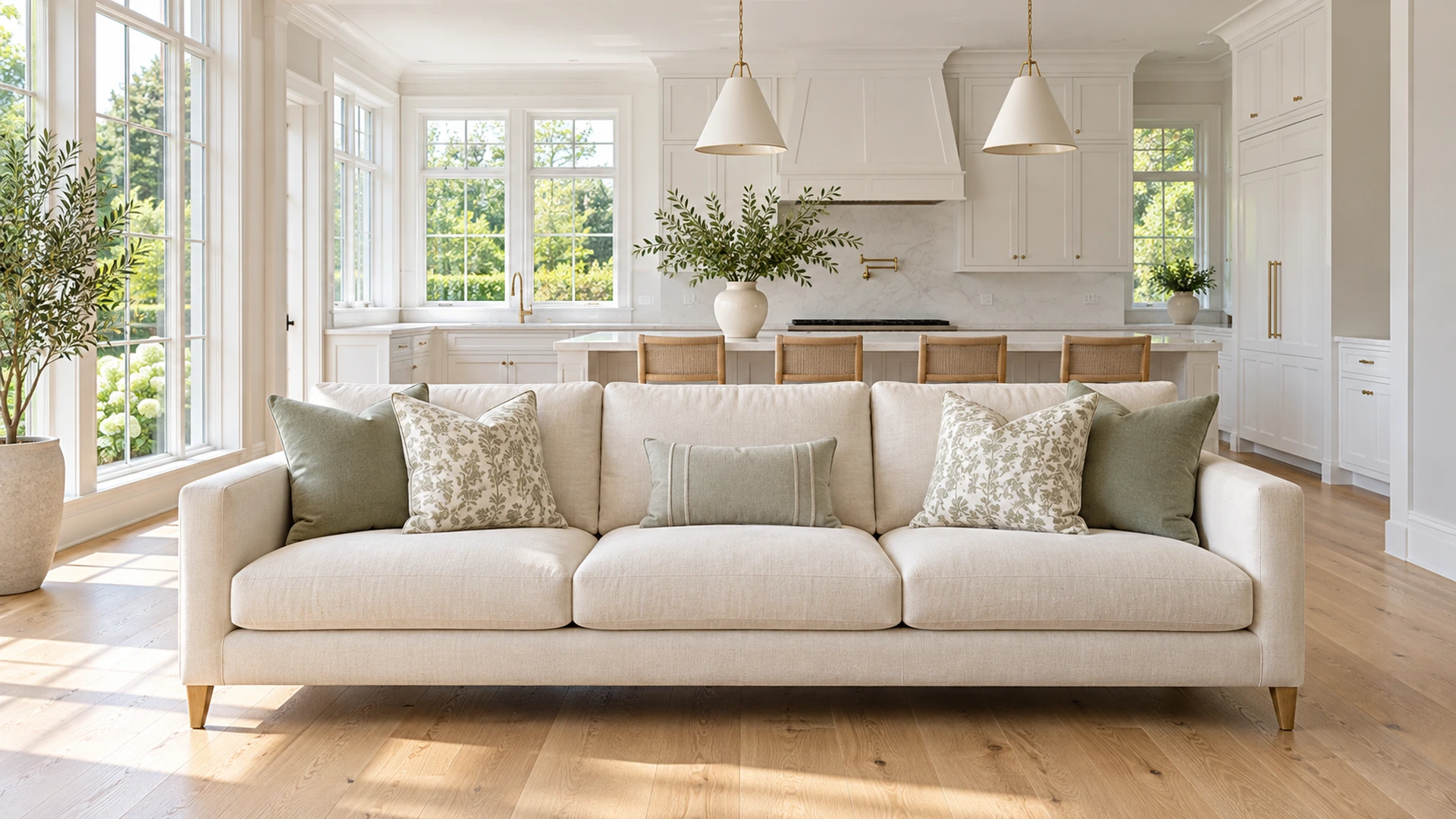 Illustrative ivory sofa with clear oak flooring beside a white kitchen.