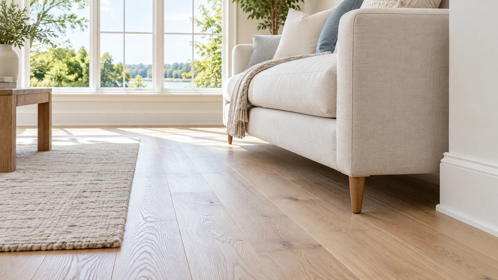 Illustrative clean floor along a cream sofa and white baseboard.