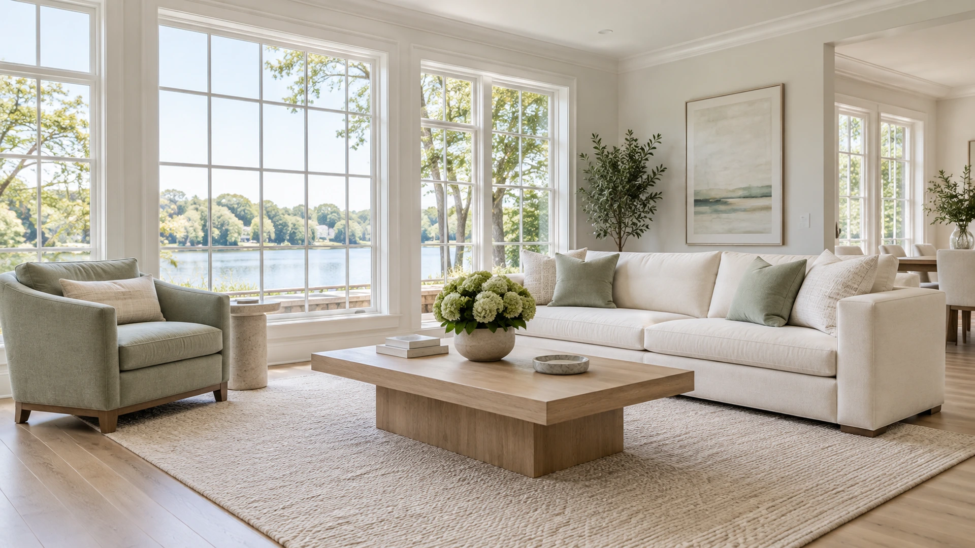 Illustrative bright sitting room with a sage chair and cream sofa.