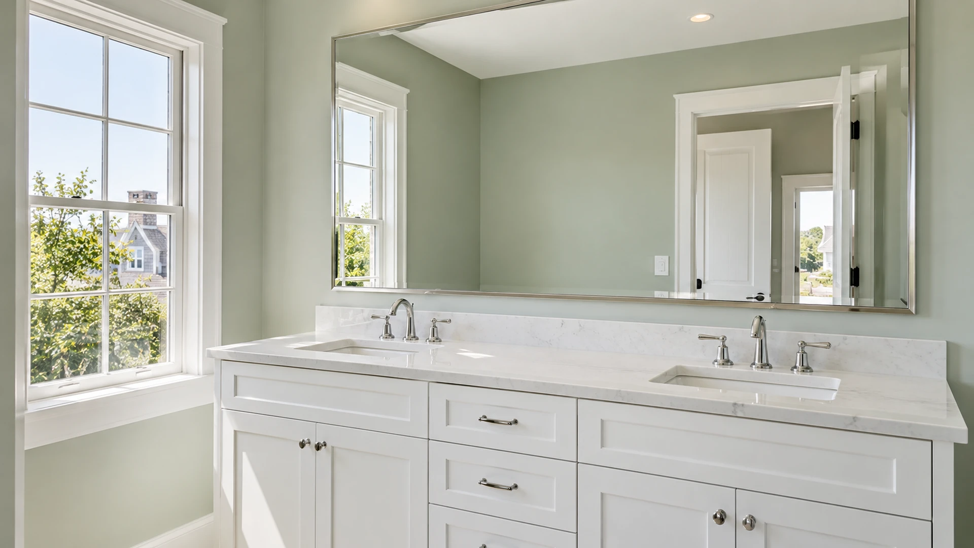 Illustration of a clear bathroom mirror above a white vanity.