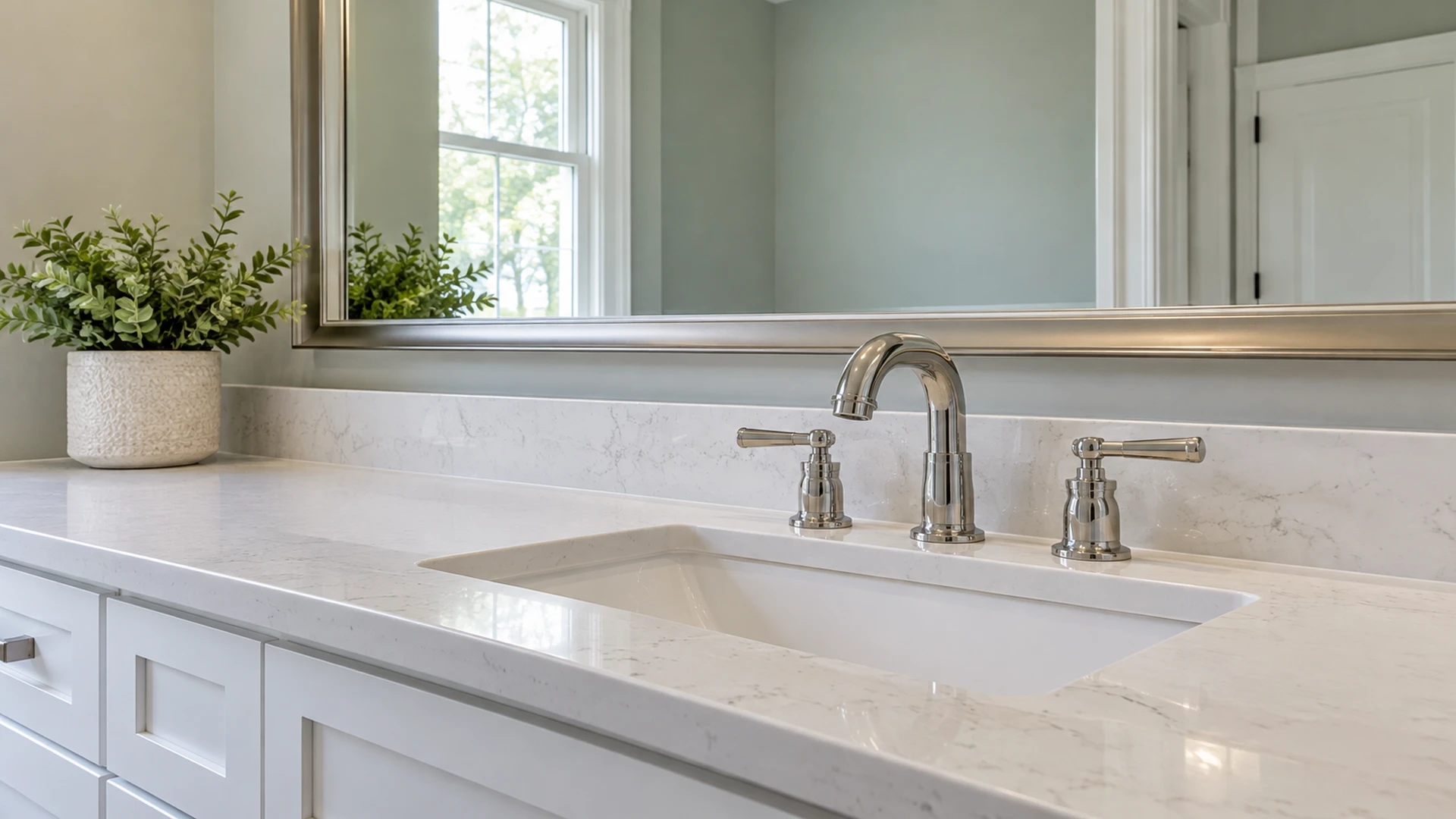 Illustration of a clean mirror edge and quartz backsplash.