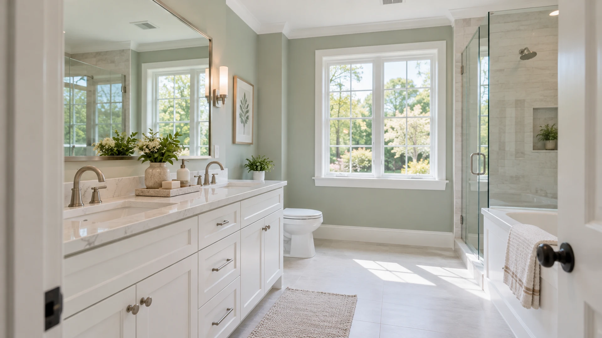 Illustration of an airy bathroom with a spotless mirror.