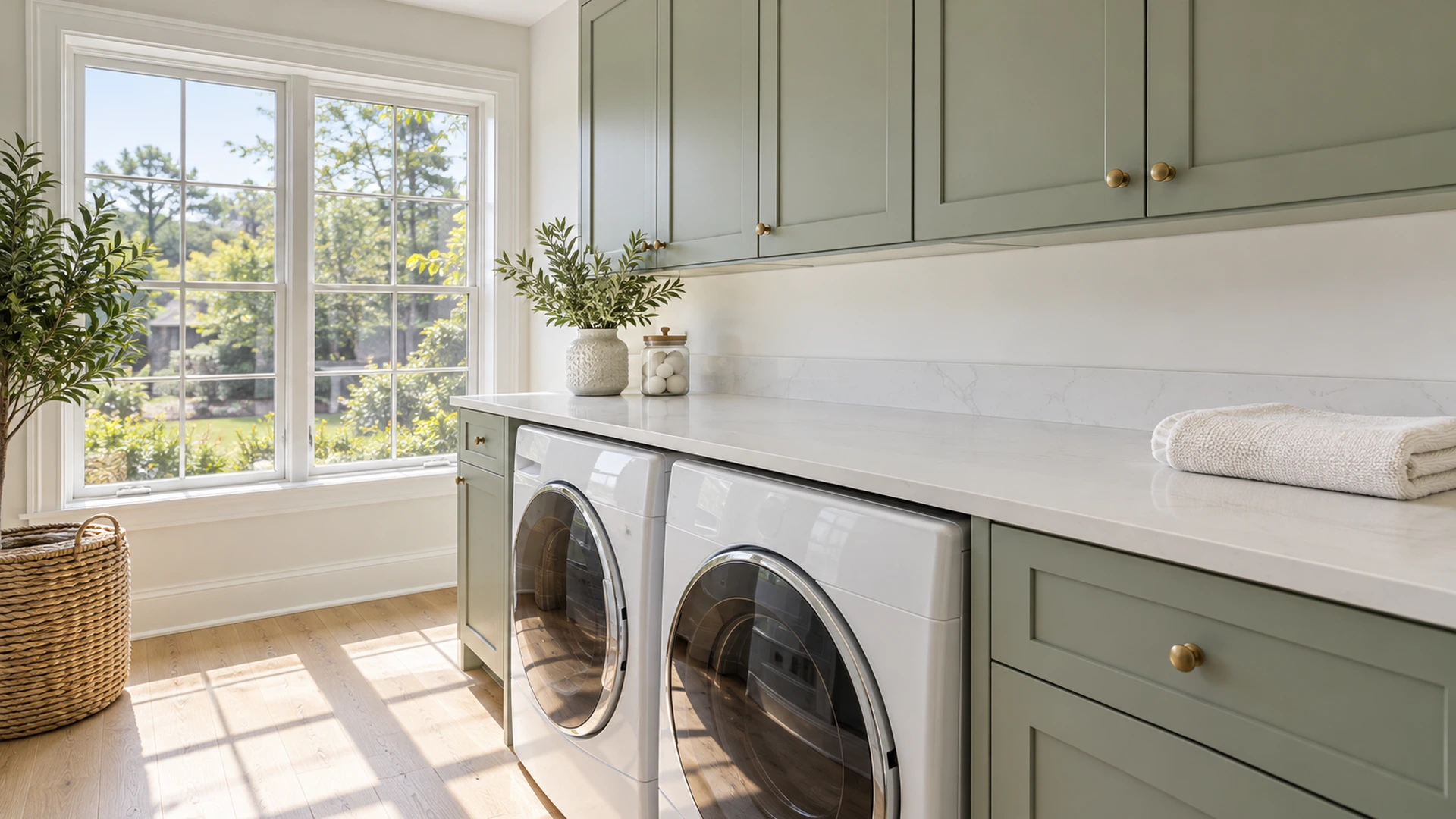 Illustration of a bright laundry room with a clear quartz folding counter.
