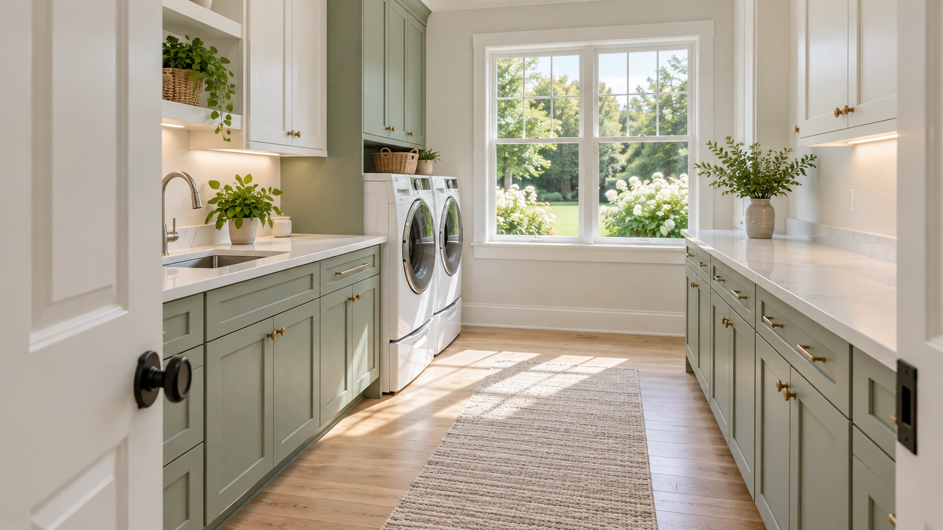 Illustration of an airy laundry room viewed through its doorway.